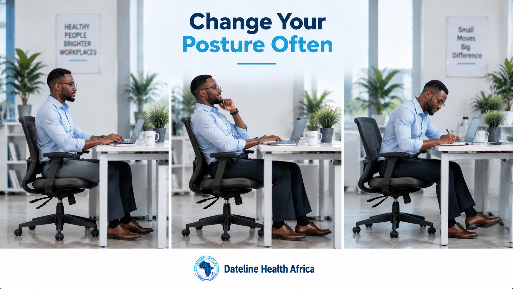 An African nale office worker shown in three sitting positions at a desk, demonstrating posture changes during long periods of sitting.